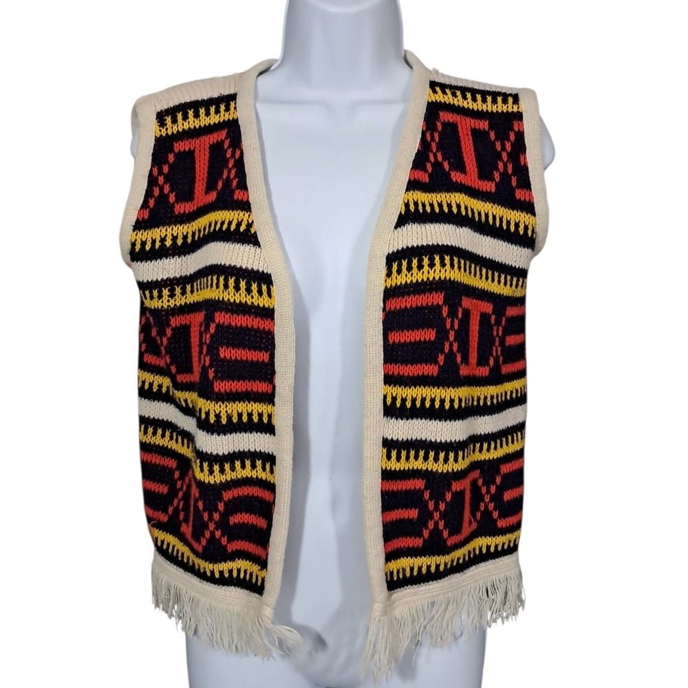 Vintage 70s Southwestern Granny Vest Multicolored Open Fringe Cropped Boho S